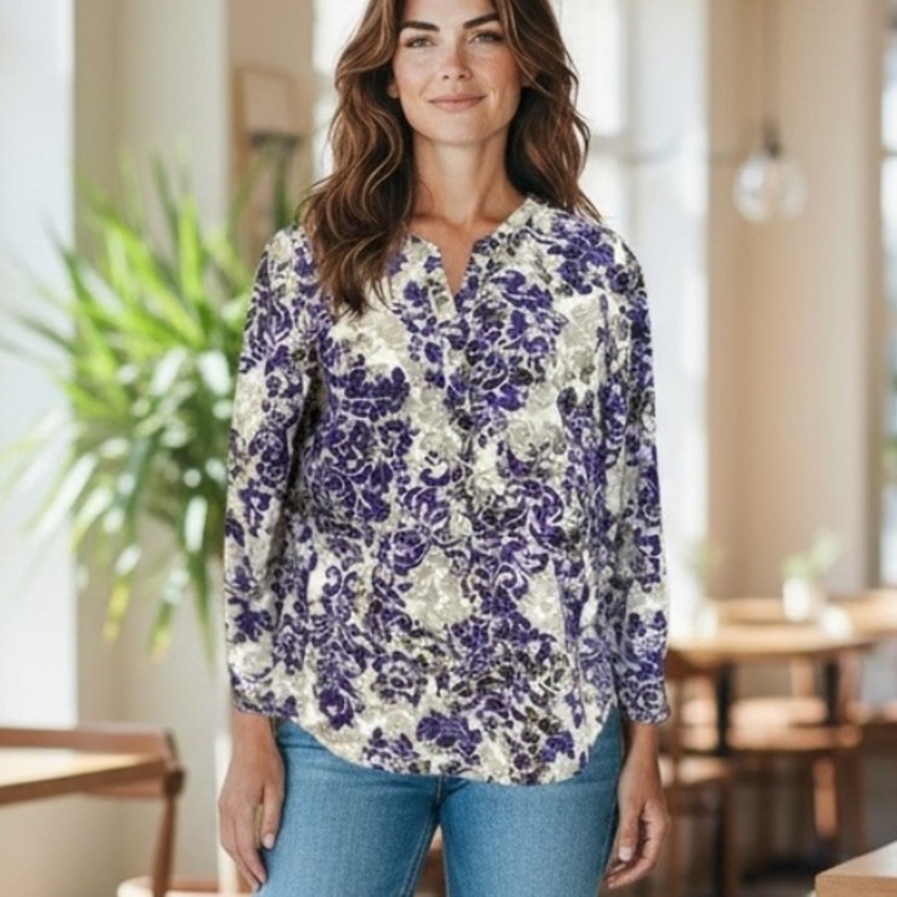 Talbots‎ Floral Popover Blouse Top Purple Gray Split V Neck